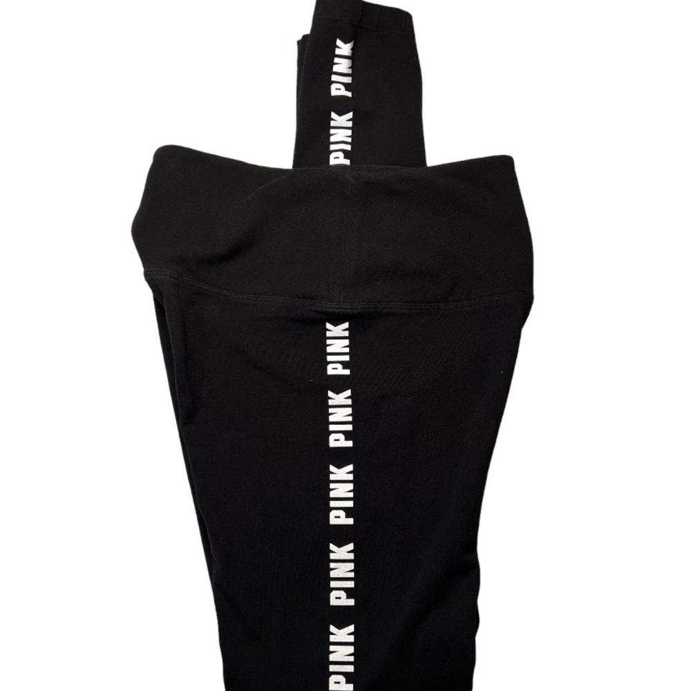 PINK by Victoria Secret High Waisted Black Leggings White “PINK” Sides SZ Smalll